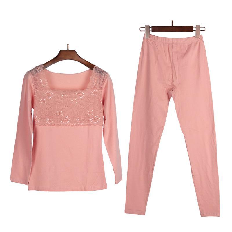 

Женский комплект термобелья из чистого хлопка с кружевом - осень/зима, длинный рукав и низ F one size fits all (80-130 catties)