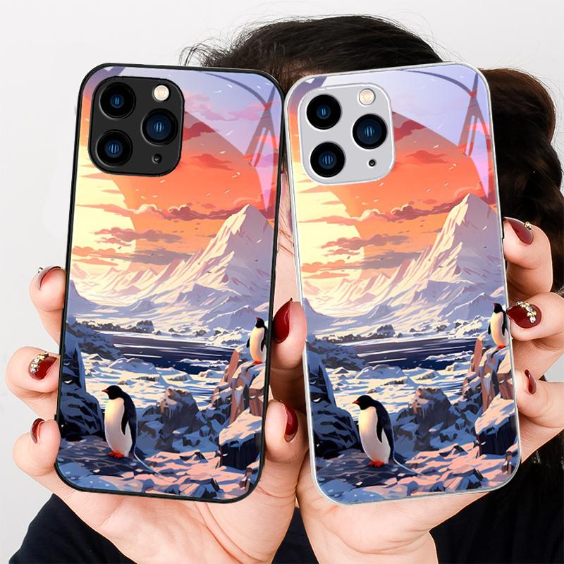 Sunshine Penguin Gold Purple For Iphone 16 Plus 15 14 13 12 Mini 11 Pro Max X XS XR 7 8 Plus 2022 Tempered Glass Phone Case