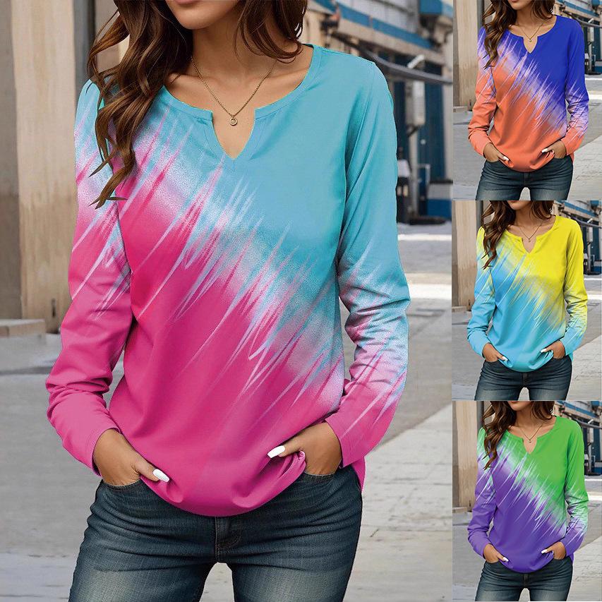 2025 Spring/Autumn European & American Women's Digital Print V-neck Fashion T-shirt
