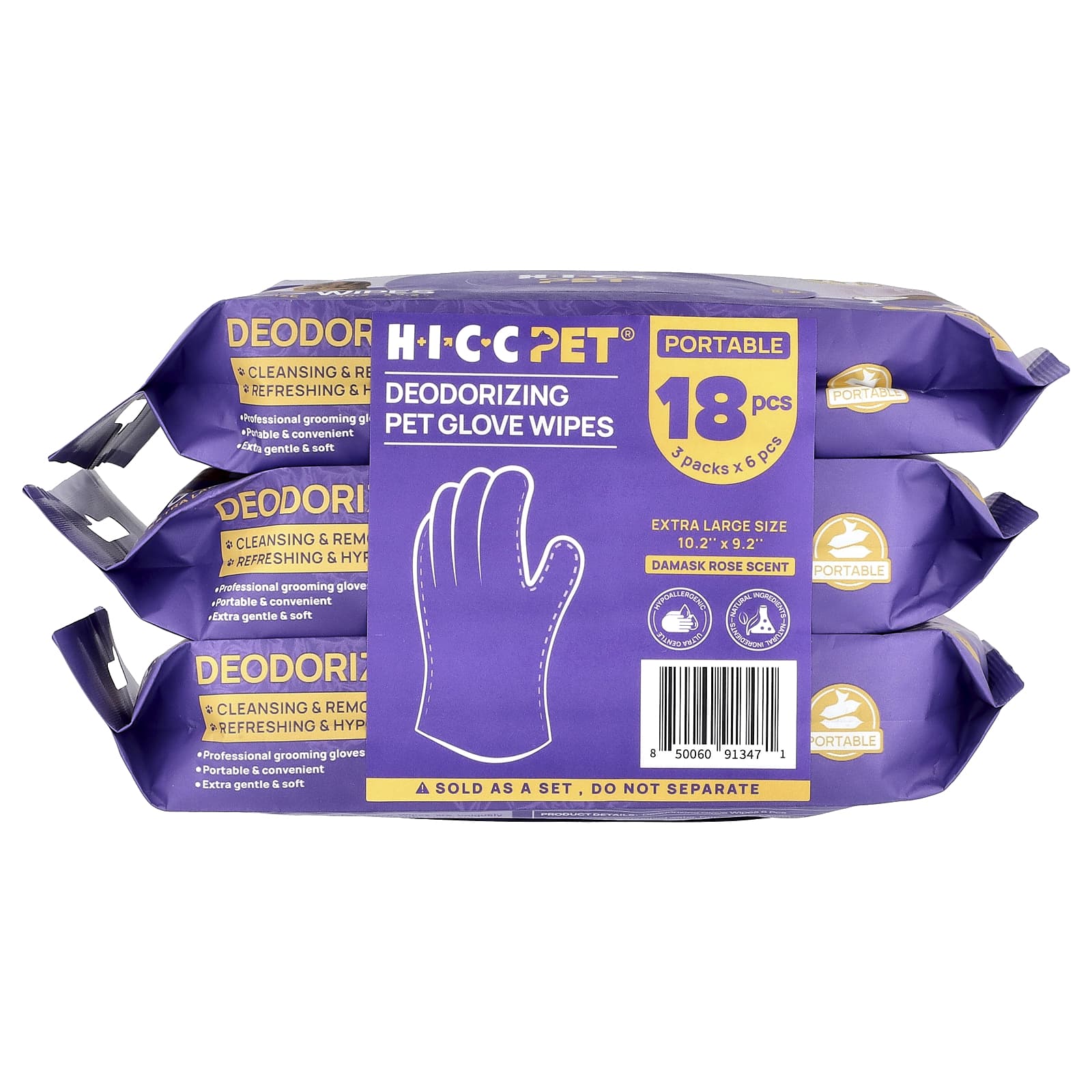 

HICC Pet Дезодорирующие салфетки-перчатки для питомцев, Очень большие, Дамасская роза, 3 упаковки, по 6 листов в каждой