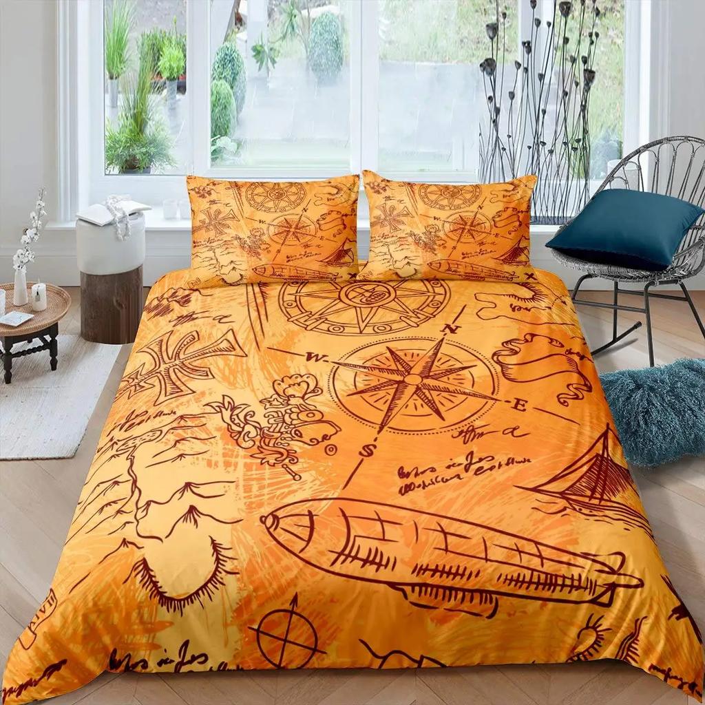 Compass Duvet Cover SetHand Drawn Windrose Floral Arrangement Design Compass Boating Theme PrintBedding Set DecorFull Size