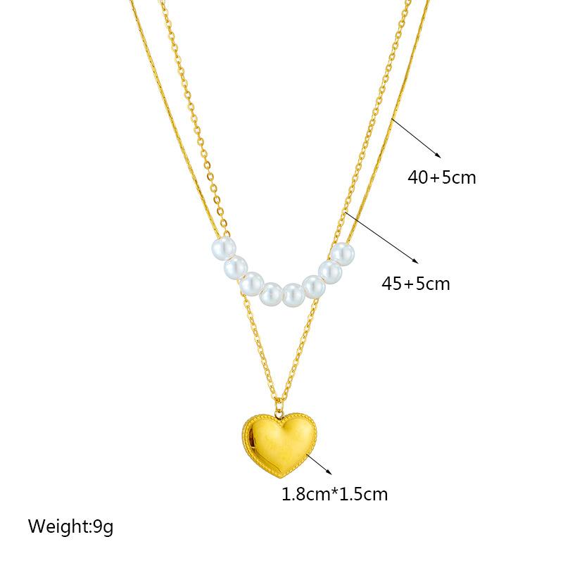 Titanium Steel Layered Pearl Necklace with Heart Pendants