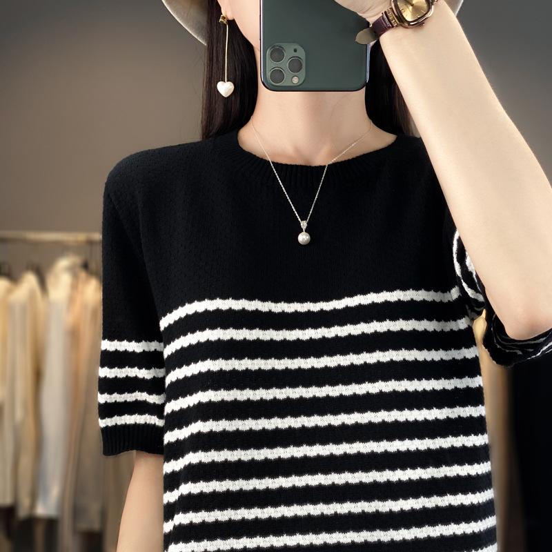 

Pure Cotton Round Neck Black and White Striped Knitted Short-sleeved Women s Summer New Style Pimple Needle Base Comfortable and Versatile Top XXL чёрный