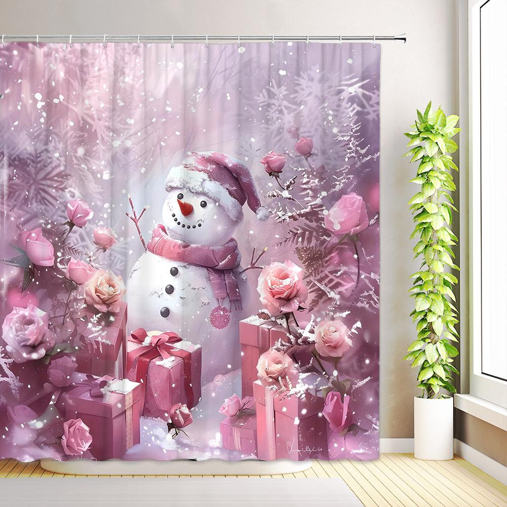 Winter Christmas Shower Curtain Pink Xmas Tree Snowman Santa Claus Snowflake New Year Bath Curtains Bathroom Decor with Hooks