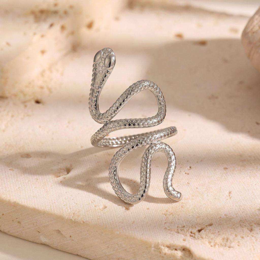 Gold-Plated Snake-Shaped Titanium Steel Adjustable Ring for Women - Retro, Colorfast, European & American Fashion.