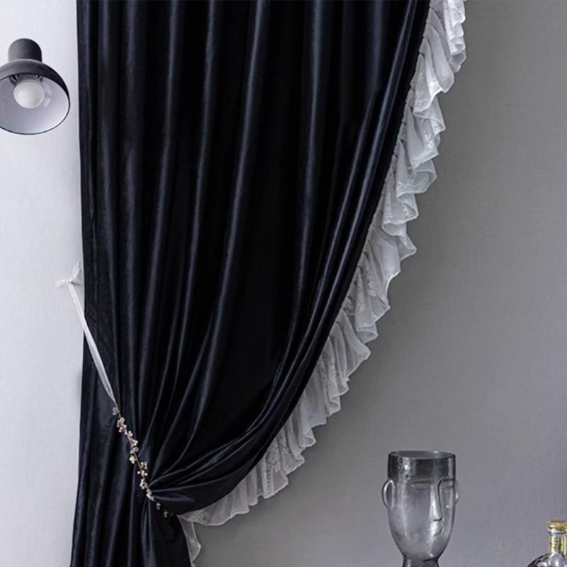 

Шторы блэкаут с прозрачным слоем – Бархатная ткань, кружевная отделка, на крючках, Современный стиль 1.0m wide * 1.4m high чёрный