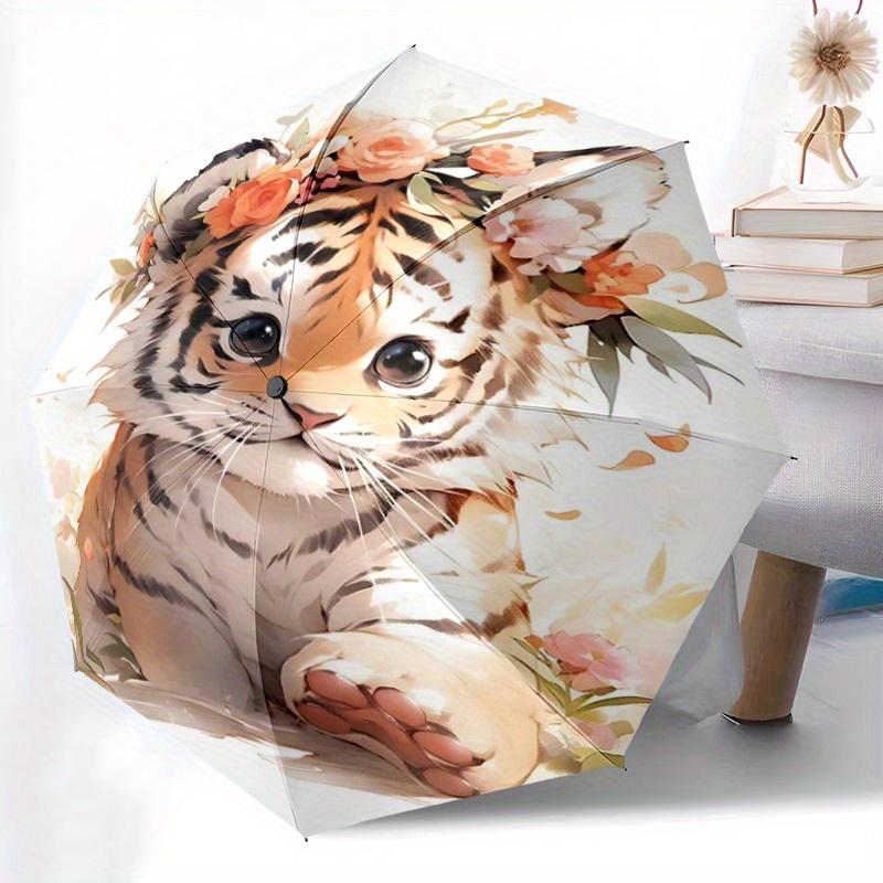 1pc Animal Tiger Cute Design Pattern Umbrella, Fashionable, Personalized, High-Value Folding Umbrella, a Must-Have for Summer, 8-Rib Durable