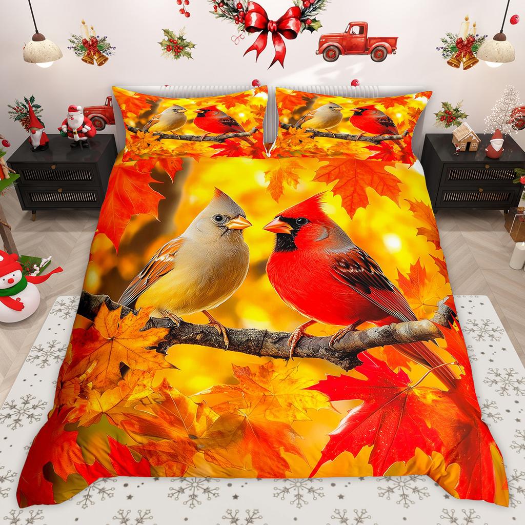 Homewish Wild Cardinal Bird Duvet Cover Set Merry Christmas Xmas Bed Set Snow Cherry Blossoms Quilt Cover Set