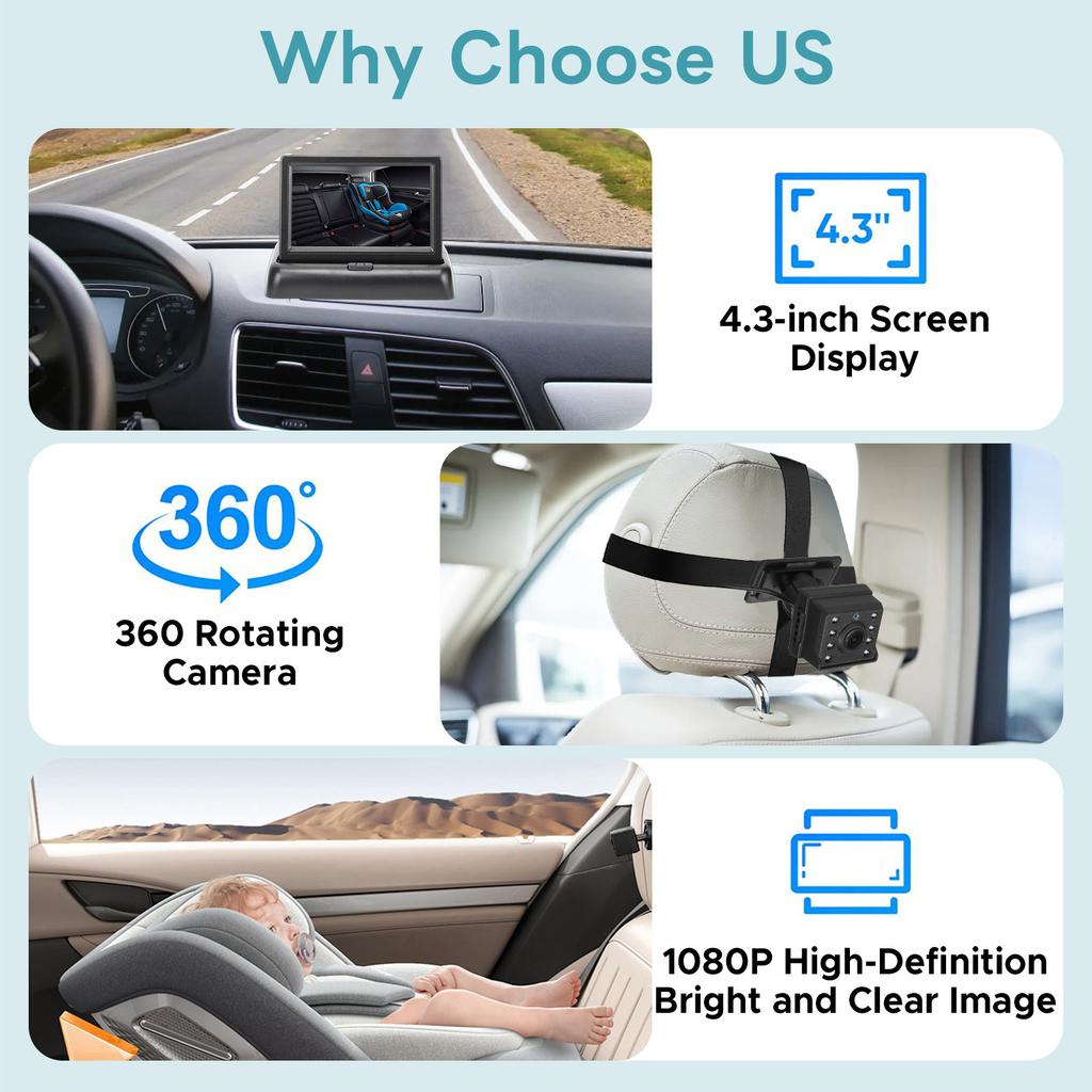 1080P Car Baby Camera with 4.3 Inch Foldable Screen Night Visible 150 degrees Wide View Angle for Backseat Monitoring