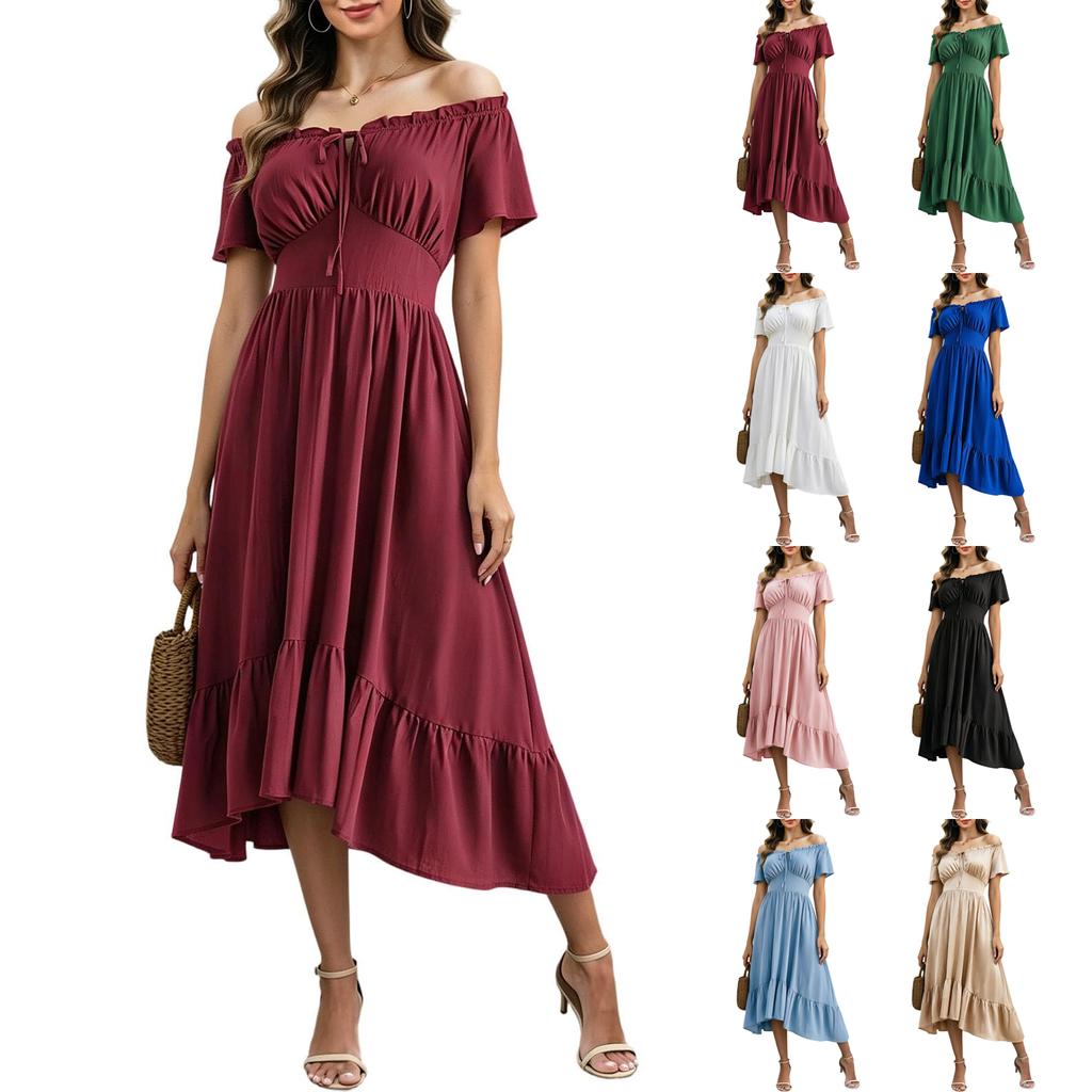 Women's Off Shoulder Short Sleeve Color Ruched Tie Waist Maxi Dress Casual Summer