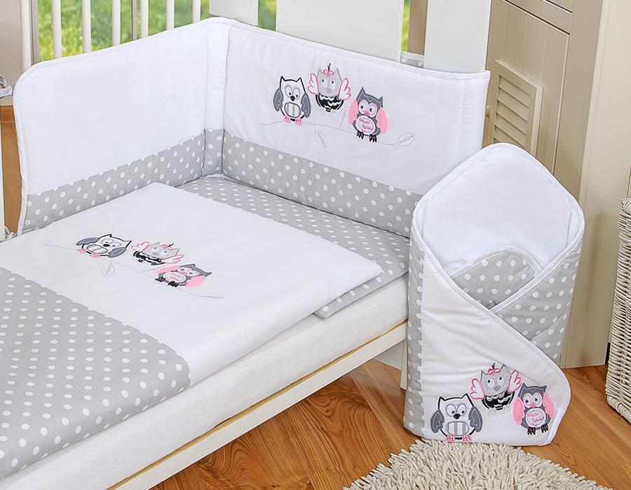 Children's Bedding Set 120x90cm with a 3-piece Bumper, Gray Owls, with Gray and Pink Embroidery