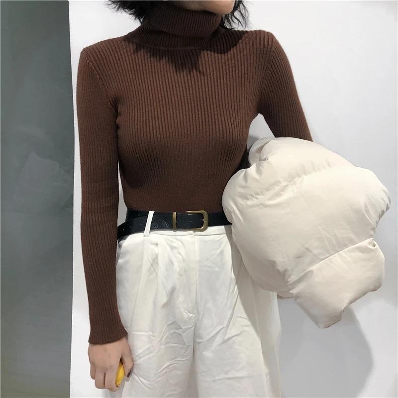 Autumn Winter Thick Sweater Women Knitted Ribbed Pullover Sweater Long Sleeve Turtleneck Slim Jumper Soft Warm Pull Femme