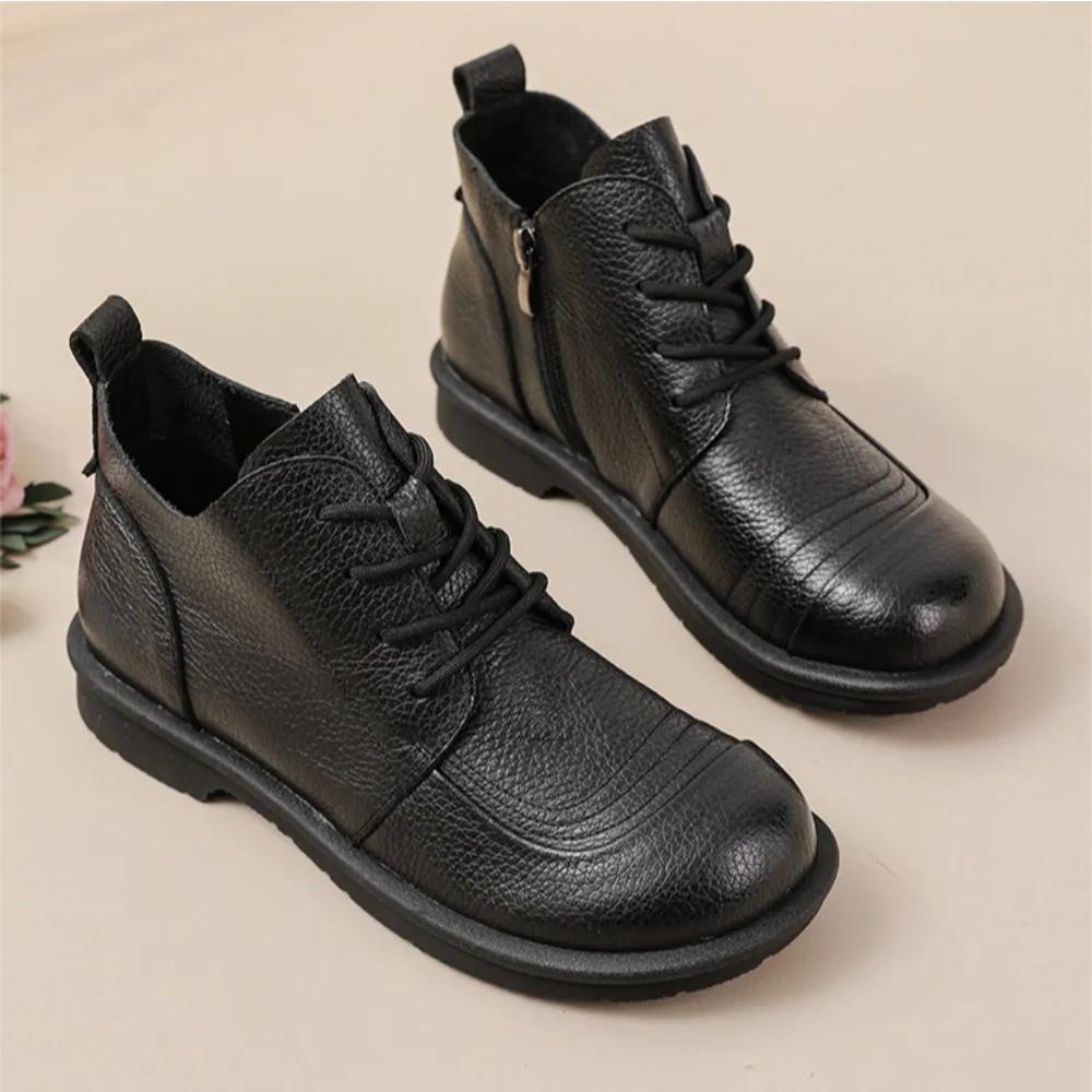 Women'S Boots  Autumn/Winter New Retro Single Boot Low Heel Short Boot British Style Genuine Leather Round Toe Womens Shoes