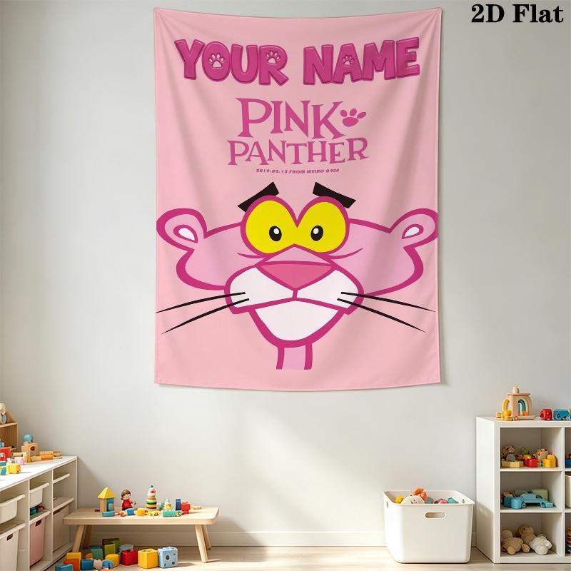 Custom Name Pink Panther Wall Tapestry Aesthetic Wall Hanging Printed Fabric Blanket Decorative Tapestries for Bedroom Living Room Home Decor