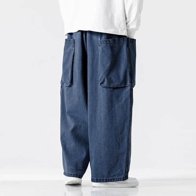 Autumn Fashion Denim Pants Men Loose Wide Leg Pants Men Vintage Streetwear Cargo Pants Male Hip Hop Big Pocket Jean Trousers