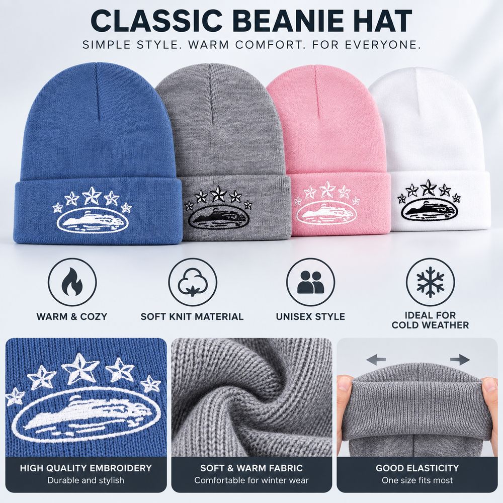Star Embroidery Cuffed Beanie Hat Stretch Fit Knit Cap Fashion Winter Beanie Men Women
