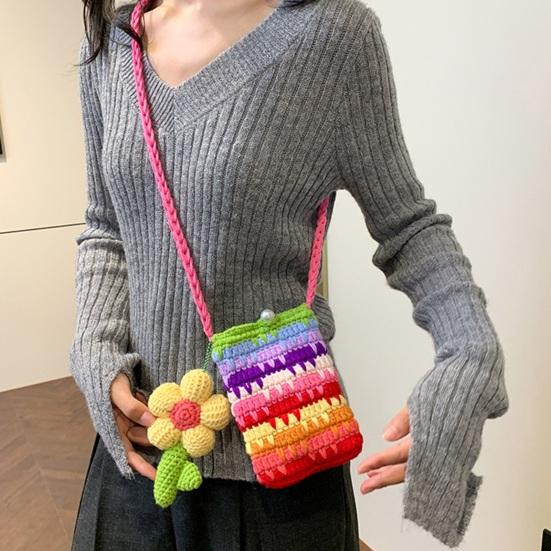 Women Crossbody Bag Colorful Crochet Cartoon Flower Pendant with Faux Pearl Lock Design