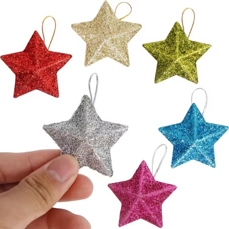 6/24pcs Christmas Glitter Star 5cm Pentagram Christmas Hanging Pendant For Birthday Wedding Festive Christmas Party Decoration