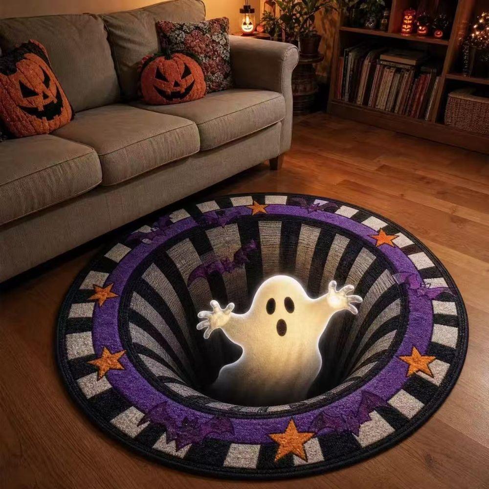 3D Visual Round Plushie Rug Ghost Cat Pattern Holiday Doormat Spooky Halloween Rug Living Room