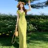 French Beautiful Green V-neck Short-sleeved Dress for Women's Summer New Great-looking Seaside Vacation Temperament Long Dress