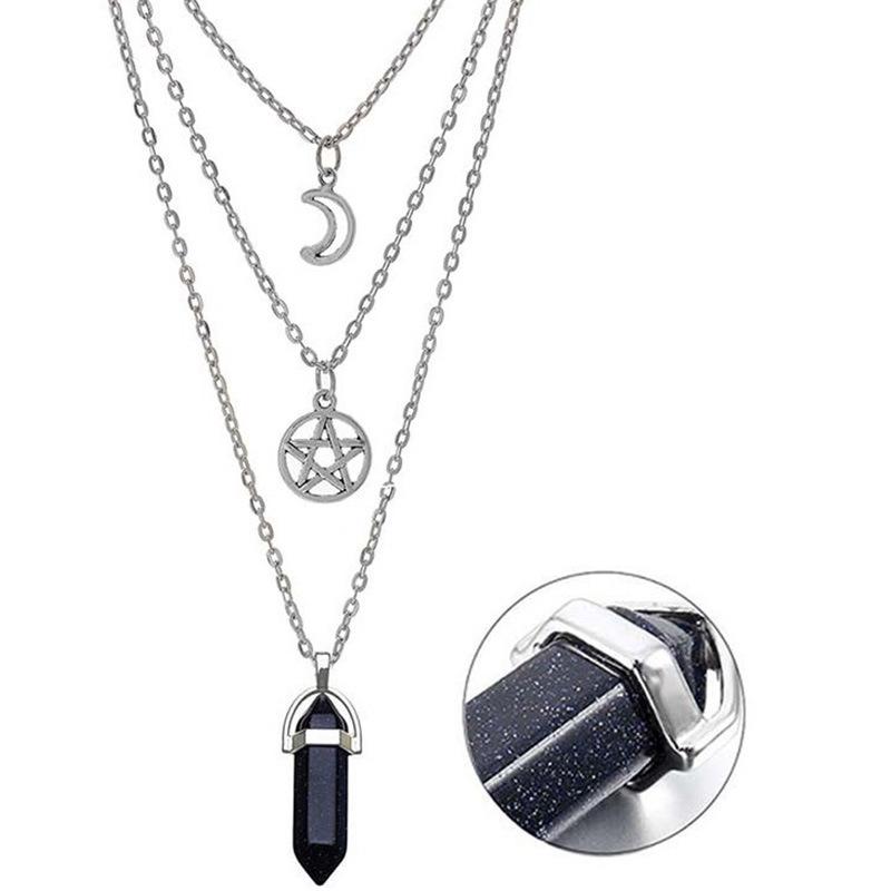Mehrlagige Achat-Halskette mit hohlem Mond- und Sternanhänger für Damen, Schmuck für das Schlüsselbein
