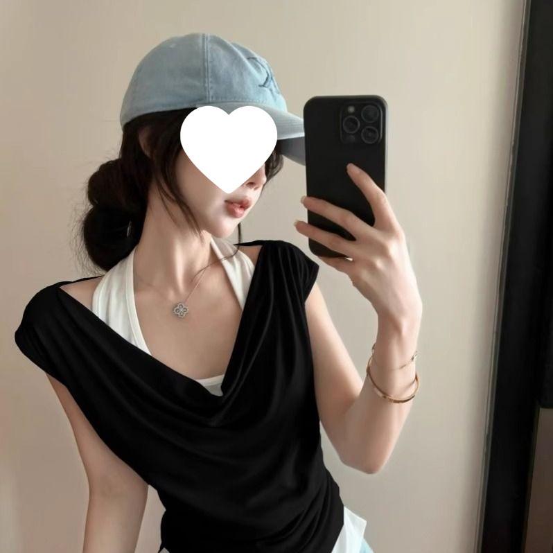

Women s Chic Color Block Patchwork Cowl Neck Short Sleeve T-Shirt Large