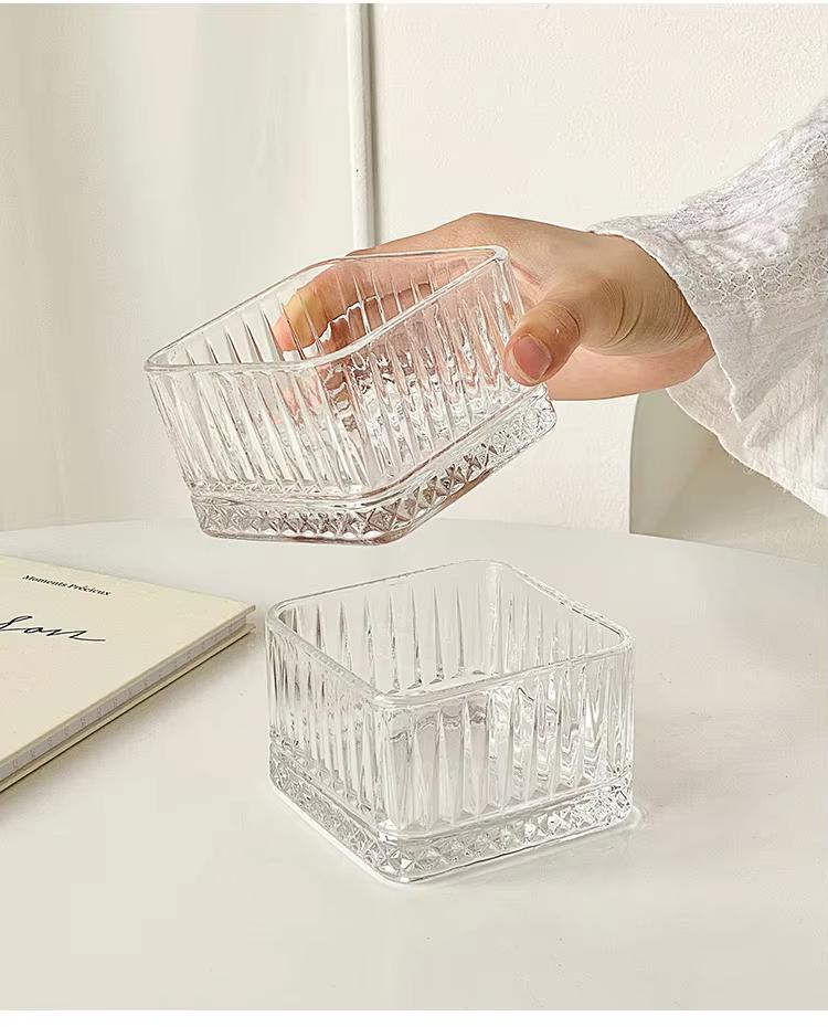 Retro Checkered Ice Cream Bowl Square-shaped Glass Bowl Desserts Fruits Cereal Breakfast Small Salad Bowl Home Kitchen Tableware