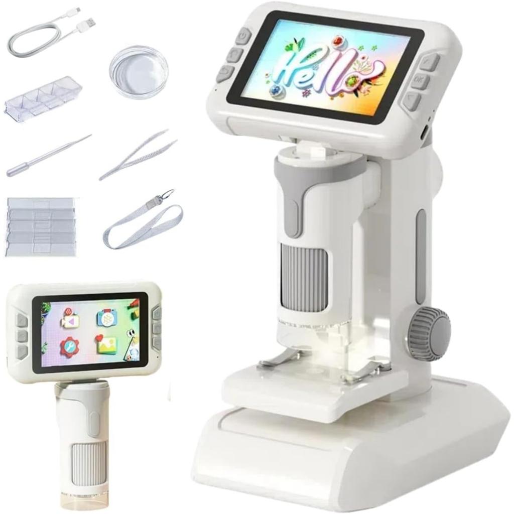 4 Inch 1080P Microscope for Kids,2-in-1 Handheld & Desktop Digital Zoom 100X-1600X Digital,6 LED Lights,Includes 4 Blank & 2 Prepared Slides