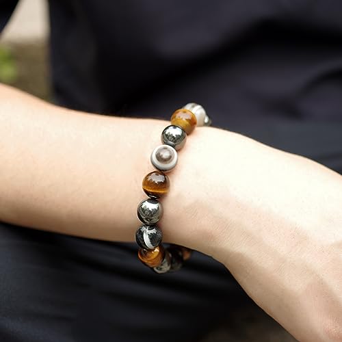 [GOLD STONE] Tiger's Eye and Hematite Bracelet, 12mm, Power Stone, Natural Stone, Prayer Beads, Men's Accessory, Inner Circumference: Approx. 18.5cm