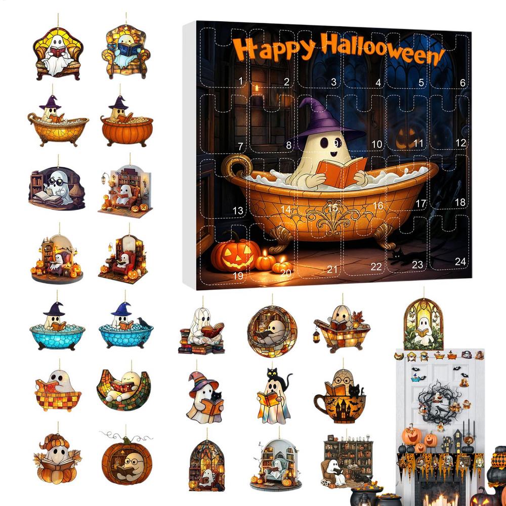 

Календарь обратного отсчета до Хэллоуина 2025 24 дня 2D акриловое украшение «Призрак, читающий книгу» Адвент 2025 Жуткий талисман для детей Книжная полка Стена Окно L