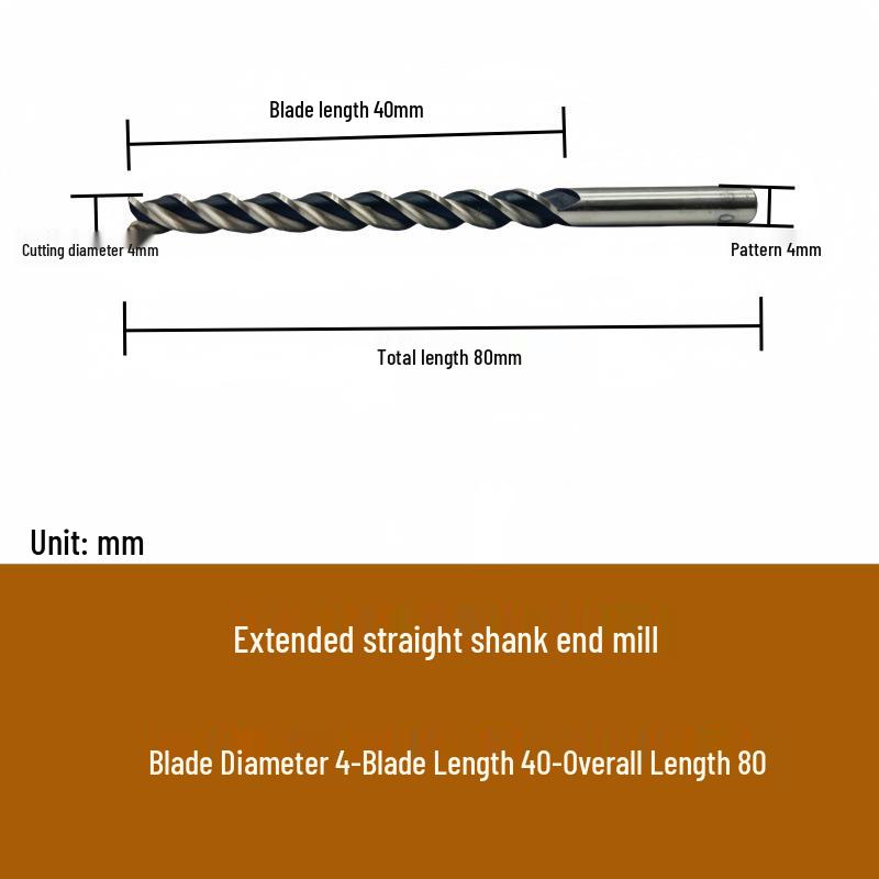 High-Speed Steel Extended Straight Shank Three-Flute End Mill, 2.5-10mm, White Steel
