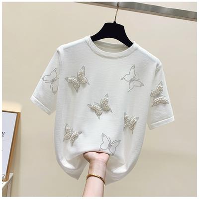 Summer Women Short Sleeve Luxury Beading Pearls Butterfly Knitted Sweater Tshirt Pullover Tops