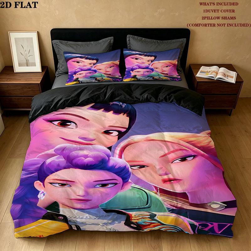 Kpop Demon Hunters Pattern Bedding Quilt Set Quilt Cover Pillowcase Home Birthday Gift(1 * duvet cover + 2 * pillowcase, without core)