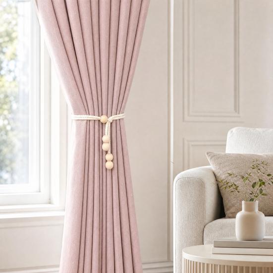 Cotton Rope Wooden Bead Curtain Tiebacks, No Drill Adjustable Window Curtain Holders, Boho Beige Farmhouse Decor for Living Room, Bedroom, Dorm