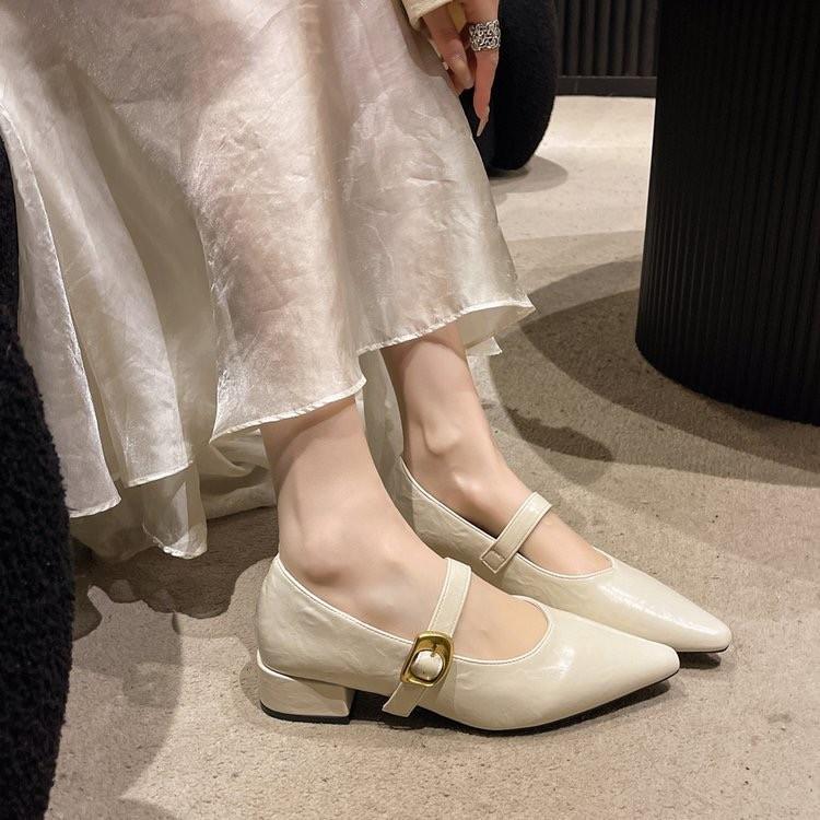 Fashion Elegant thick heeled pointed single shoes for summer breathable shallow mouth comfortable commuting small leather shoes