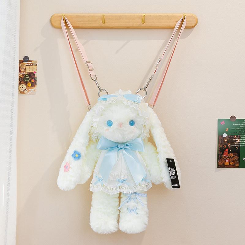 Lolita Bunny Bear Backpack Plush Toy with Bow Lace Dress Cute Stuffed Animal Birthday Gift