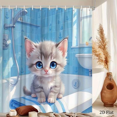 Cute Kitten Shower Curtain Blue Eyes Cat In Bathtub Cartoon Art Kids Room Decor Waterproof Fabric Bath Curtain Set Home Style