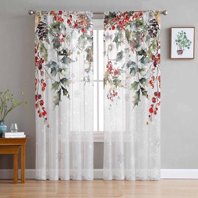 Christmas Pine Berry Eucalyptus Leaf Snowman Curtains For Living Room Tulle Window Curtain Bedroom Kitchen Veil Drapes