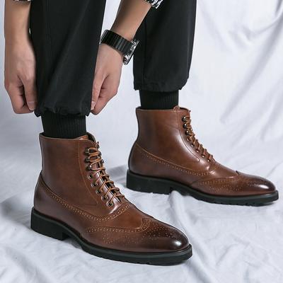Men Brogues Boots Motorcycle Casual Ankle Boots Wingtip Dress Formal High Top Black Leather Boots Over Sized