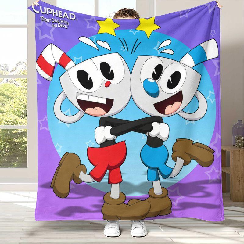 Retro Game Cuphead Mugman Cartoon Flannel Blanket,Ultra Soft Warm Plush Throw for Home Bedroom Bed Sofa Cover Office Picnic gift