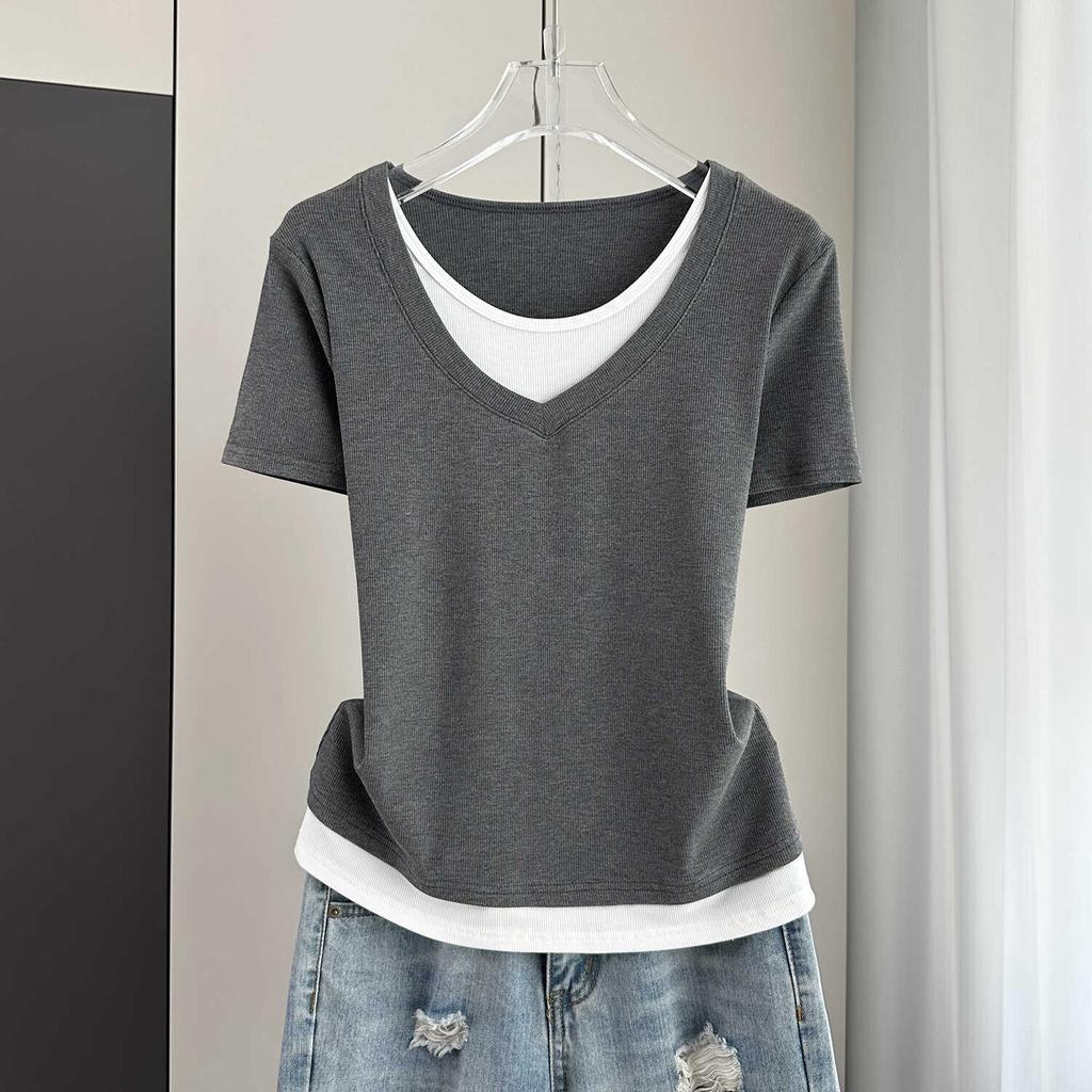 Women's Short Sleeve Tee O Neck Casual Top Plus Size Fake Two Piece Color Block Ribbed Knit Shirt