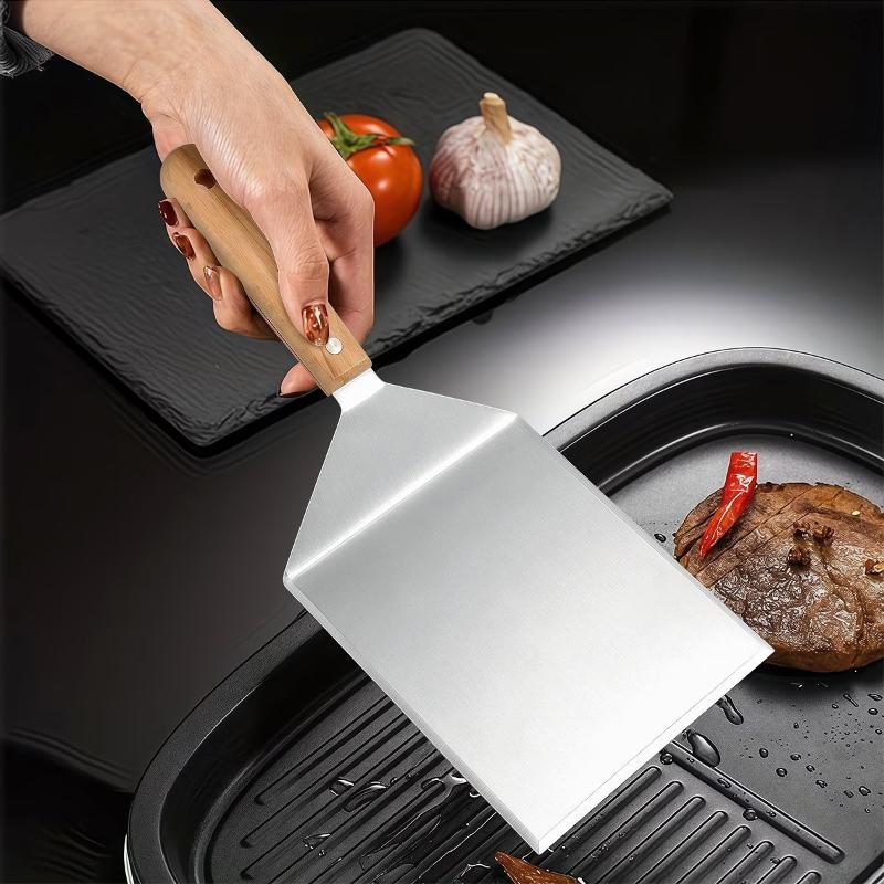 Stainless Steel Steak Spatula Non-Stick Pancake Barbecue Tongs Wood Handle Frying Fish Spatula Rust Resistant Kitchen Tool 1pc