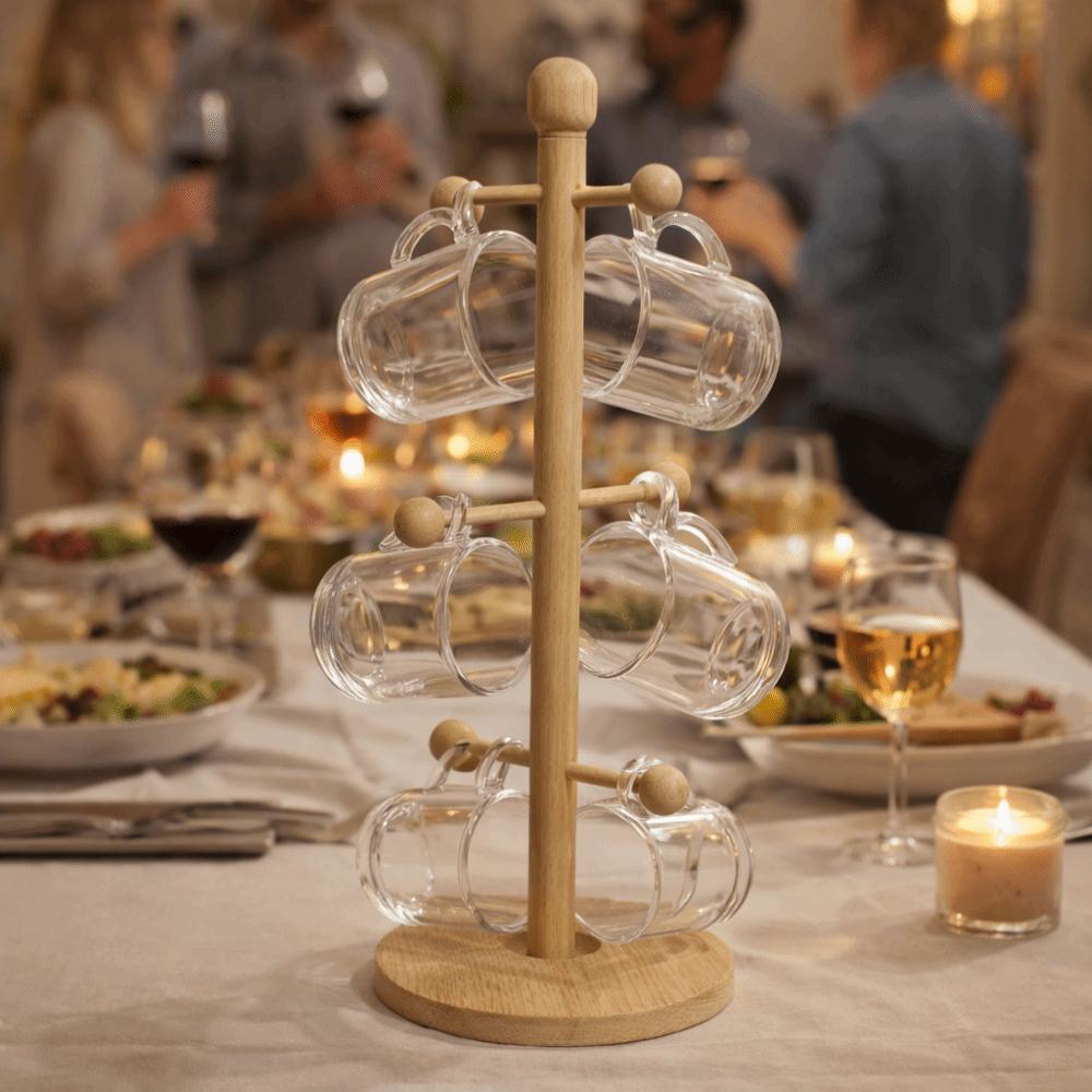 Wooden Cup Storage Holder 6 Hooks Design Non-Slip Base Tea Cups Drainer Tree Shape Sturdy Cup Display Rack Cafe Decor