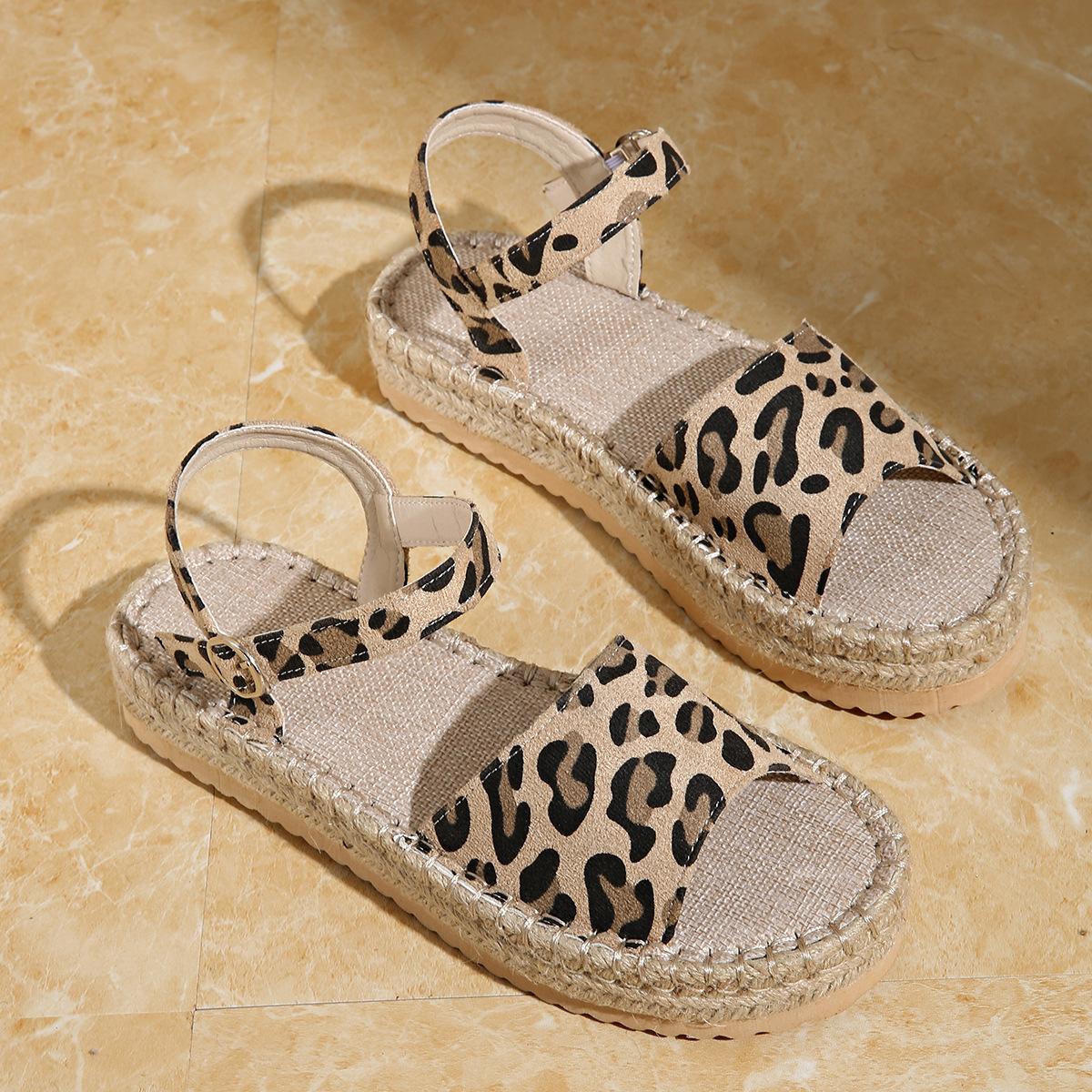

European and American large size thick sole 2025 summer wish foreign trade new hemp rope woven buckle sandals female leopard print 36 цветной печати леопарда