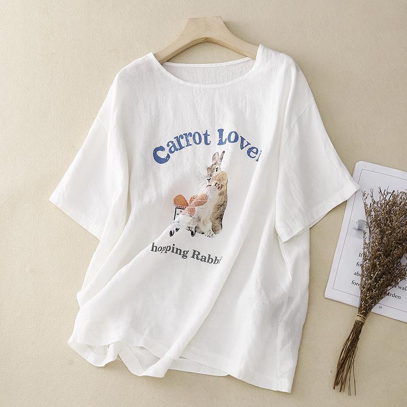 

Women s Cotton Linen Short Sleeve T-Shirt Casual Summer Loose Fit Plus Size Korean Style Tops Vintage Shirt M белый