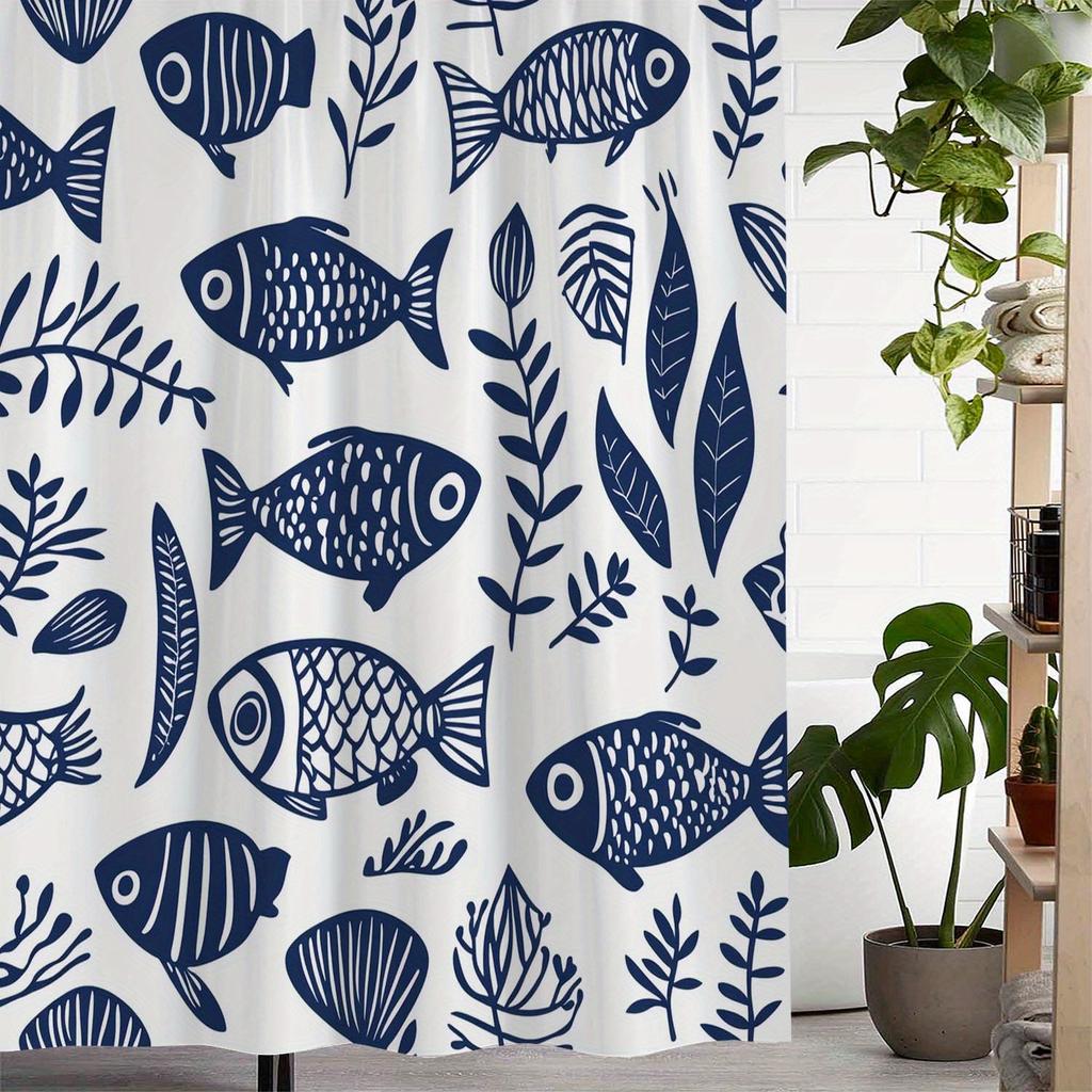 Elegant Navy Blue Fish and Plant Print Shower Curtain, Perfect for Bathroom Decor, Bathroom Curtains|Artistic Shower Curtain