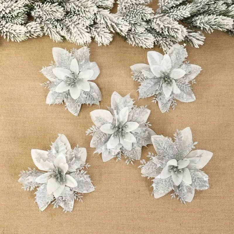 Christmas Glitter Flowers Fake Flower Christmas Tree Decorations for Home Pendant Ornaments Navidad New Year 2027 Gift