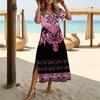 Women Fashion Round Neck Famous Ethnic Wind Curled Grass Flowers Printed Short Sleeve Side Slit Dress Casual Vacation Dress Long Loose Dress