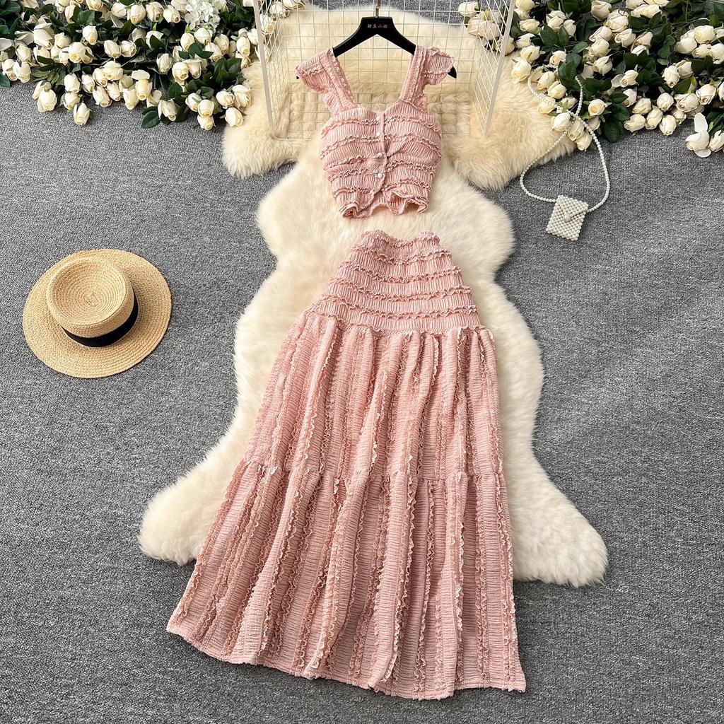 Summer Lace Patchwork Beach Two Pieces Sets Women Sexy Camisole+A Line Long Skirt Fashion Elastic Bohemian Suits