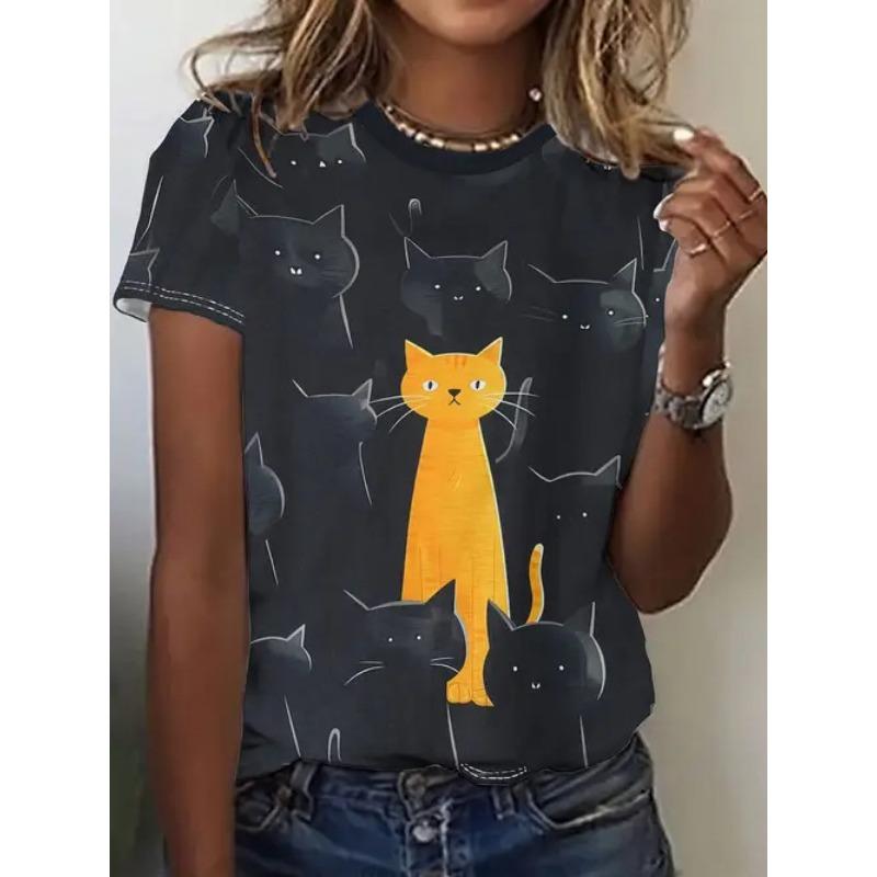 Sommer Rund Hals 3D Dyreprint Topp Moteable Casual Kortarmet Dame T-skjorter